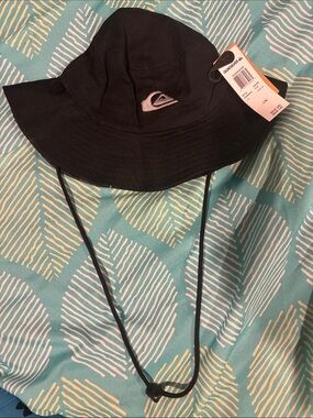 Quiksilver Black Bucket Hat with Embroidered Logo and Chin Cord
